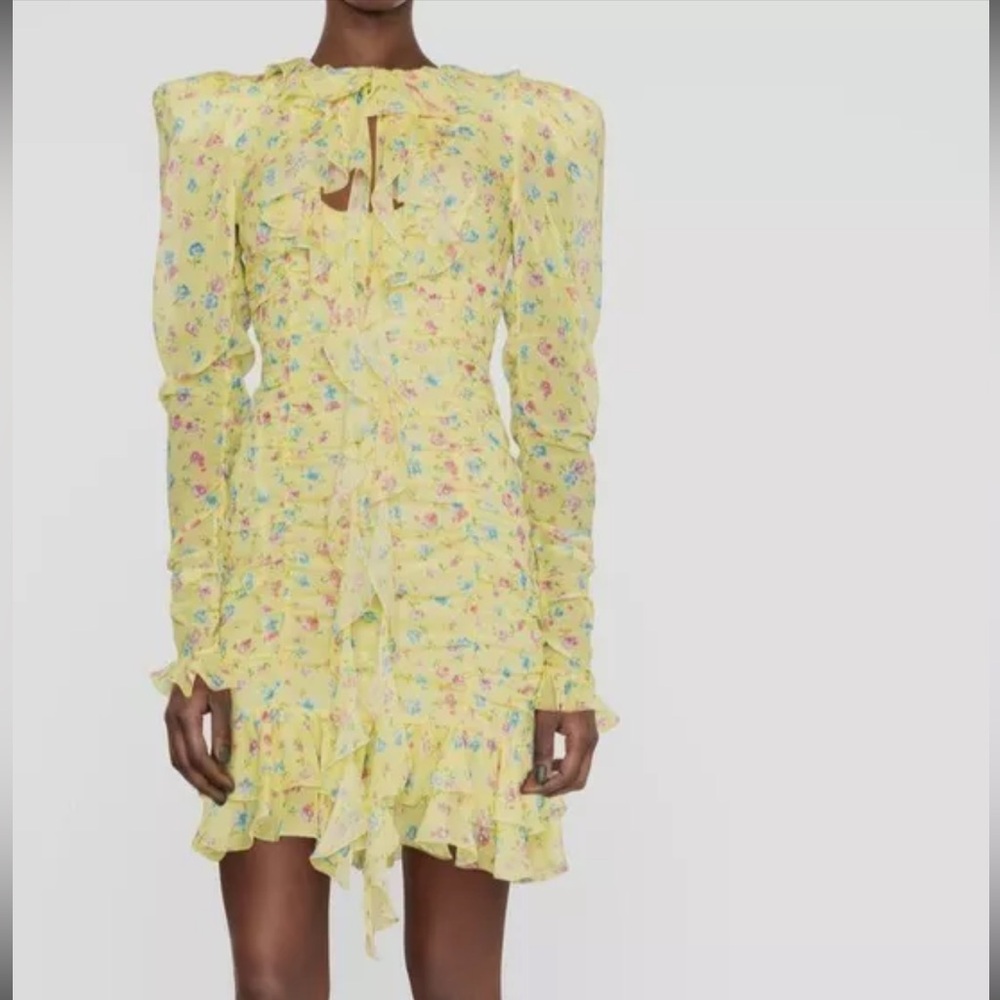 Alessandra Rich Women's Yellow Floral Silk Long Sleeved Mini Dress Size 38